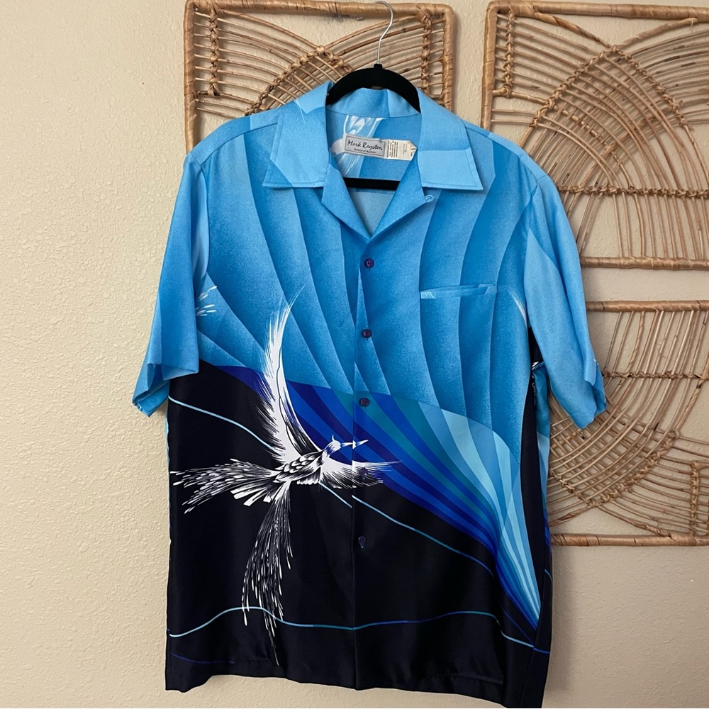 Vintage Mark Raysten Malahini Hawaiian Aloha Shirt Asian Crane Bird‎ Sz L B22